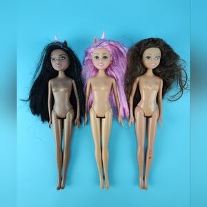 Zuru Sparkle Girlz 12" Doll Lot Of 3 Pink Tinsel Hair Green Brown Eyes Nude